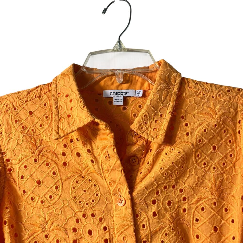 Chico's Orange Pineapple Eyelet Button Front Top … - image 5